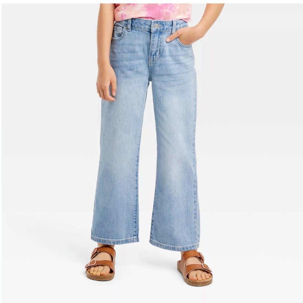 Cat & Jack Girls' Mid-Rise Wide Leg Denim Jeans in Light Wash 5 NWT